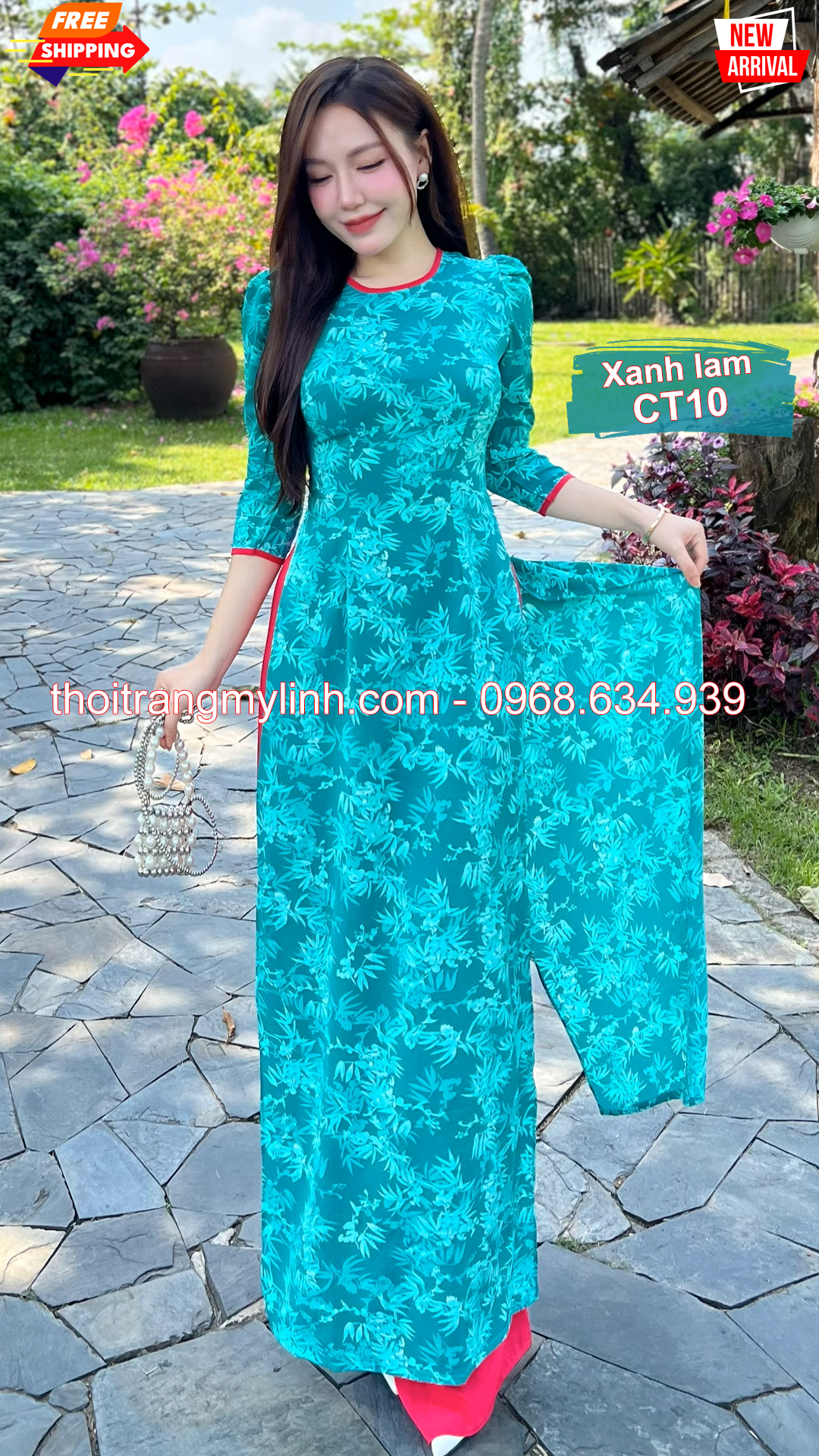 Áo dài cổ tròn họa tiết xanh lam CT10